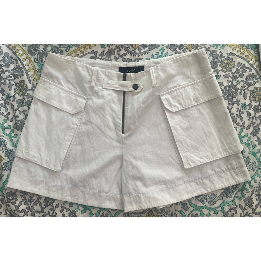 Suno White Shorts High-Rise Size 8 Flat Front Seersucker Zip Pockets Luxury Bran